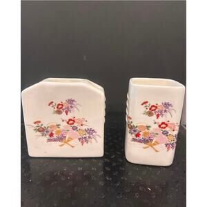 vintage ceramic bath set with  a colorful floral and fan motif - Miyako style